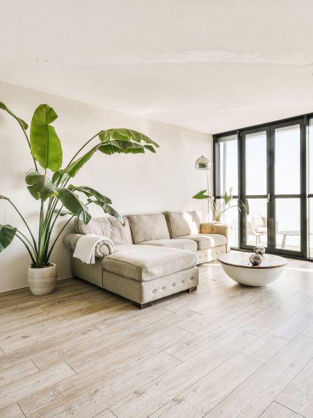 Contemporary minimalist style interior design of light studio apartment with wooden table and chairs in dining zone between open kitchen and living room with white walls and parquet floor